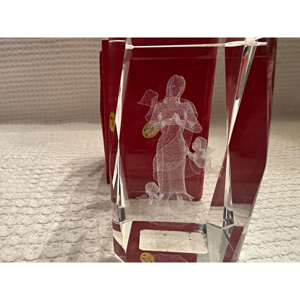 Clear Glass Paperweight Block Etched Angel & Cherubs, Decorative, Red Box